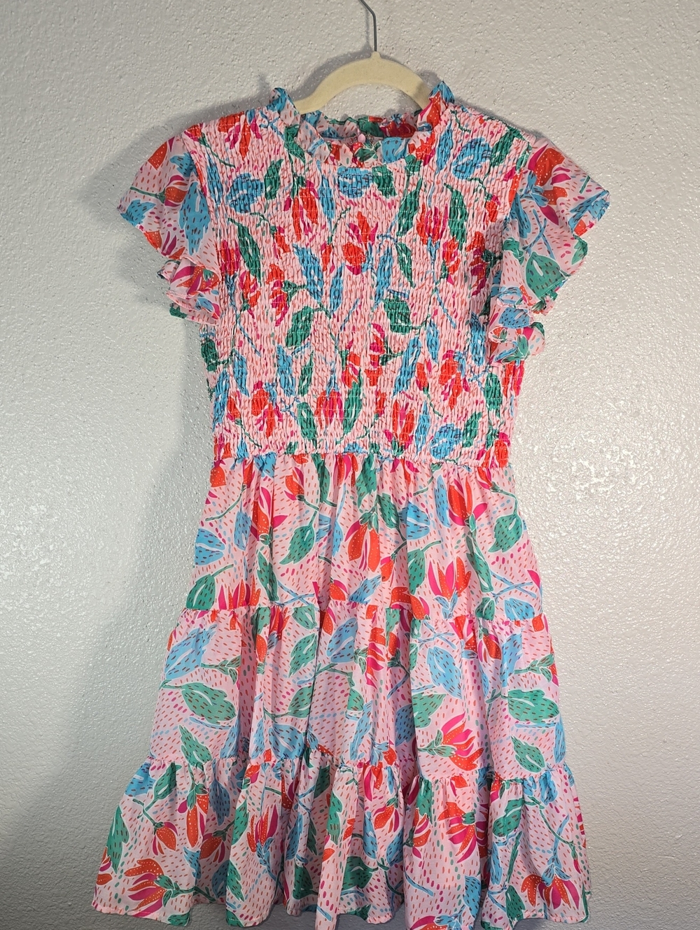 J. Marie Pink Floral Smocked Dress with Ruffled Sleeves